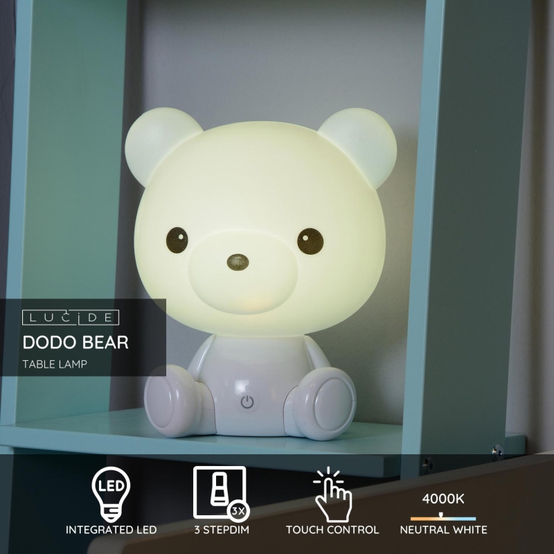 Lucide DODO Bear - Stolná lampa detská - LED Dim. - 1x3W - 3 StepDim - Biela